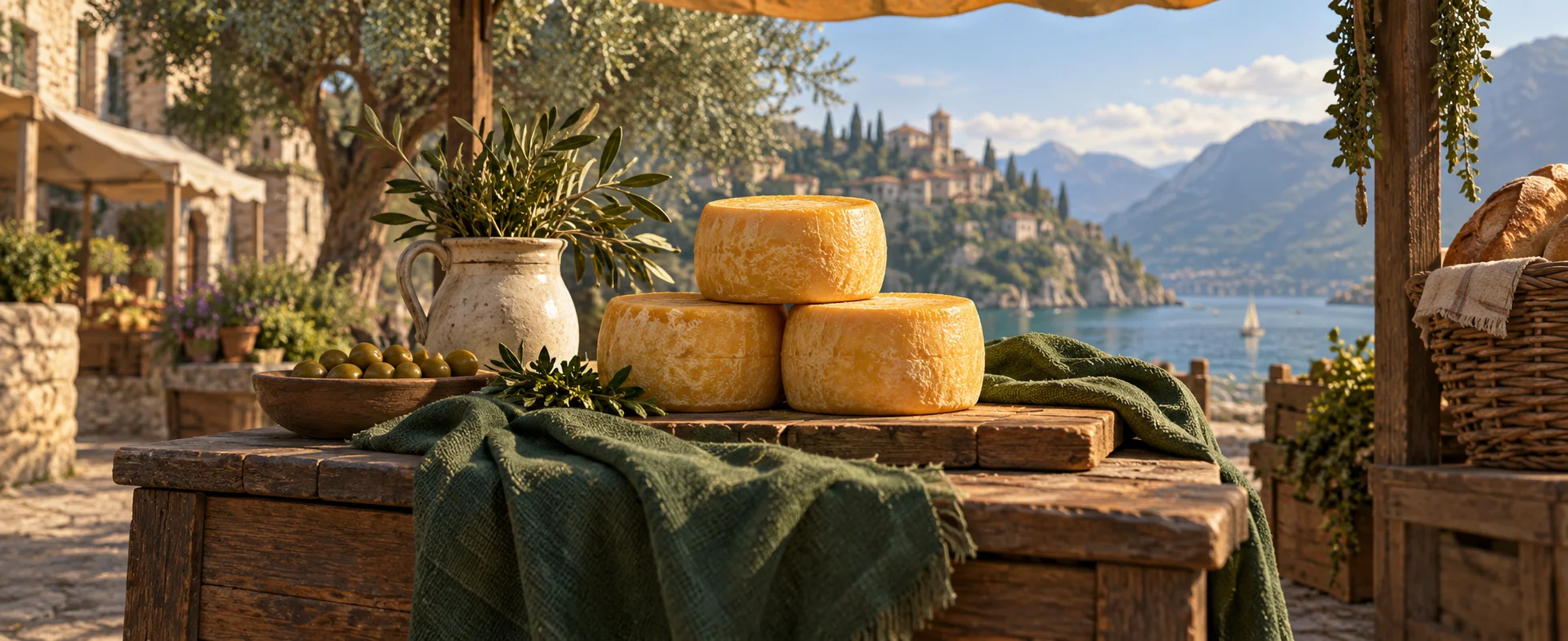 Three small wheels of golden cheese sit beside a folded green cloth on a sunlit market stall.