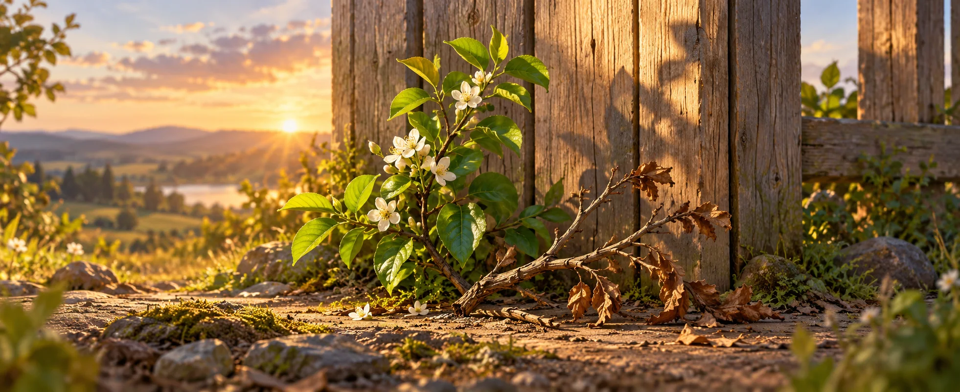 A flourishing green branch and a dry fallen twig lie beside a sunlit wooden fence.