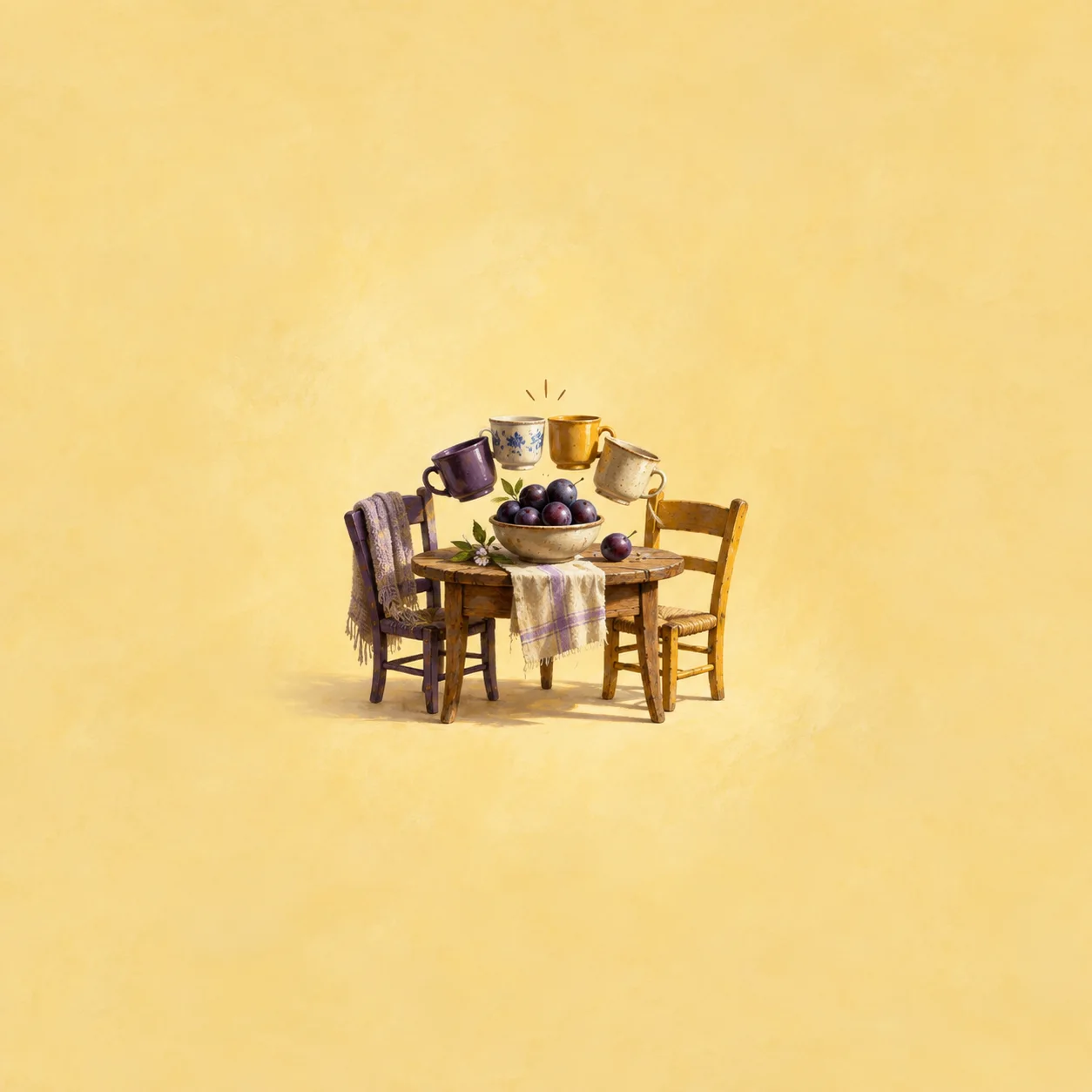 A small table with a bowl of plums, surrounded by wooden chairs and colorful cups suspended above it against a yellow background.
