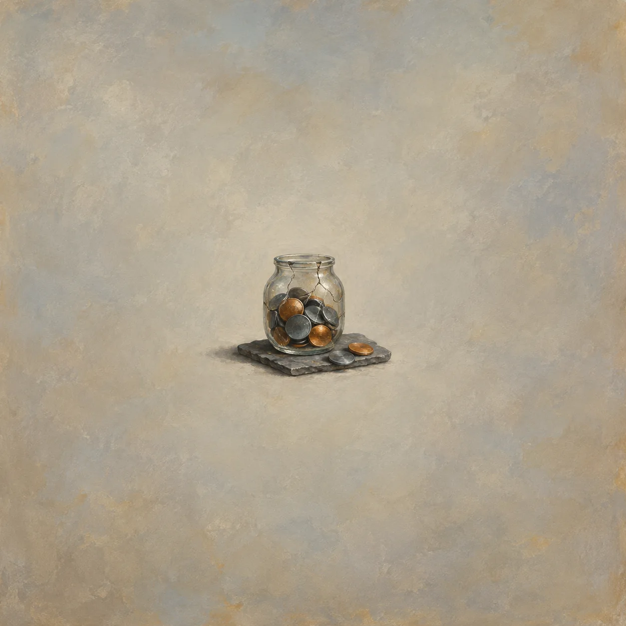 Cracked glass jar containing slate and copper metal discs, with two loose discs on a small slab
