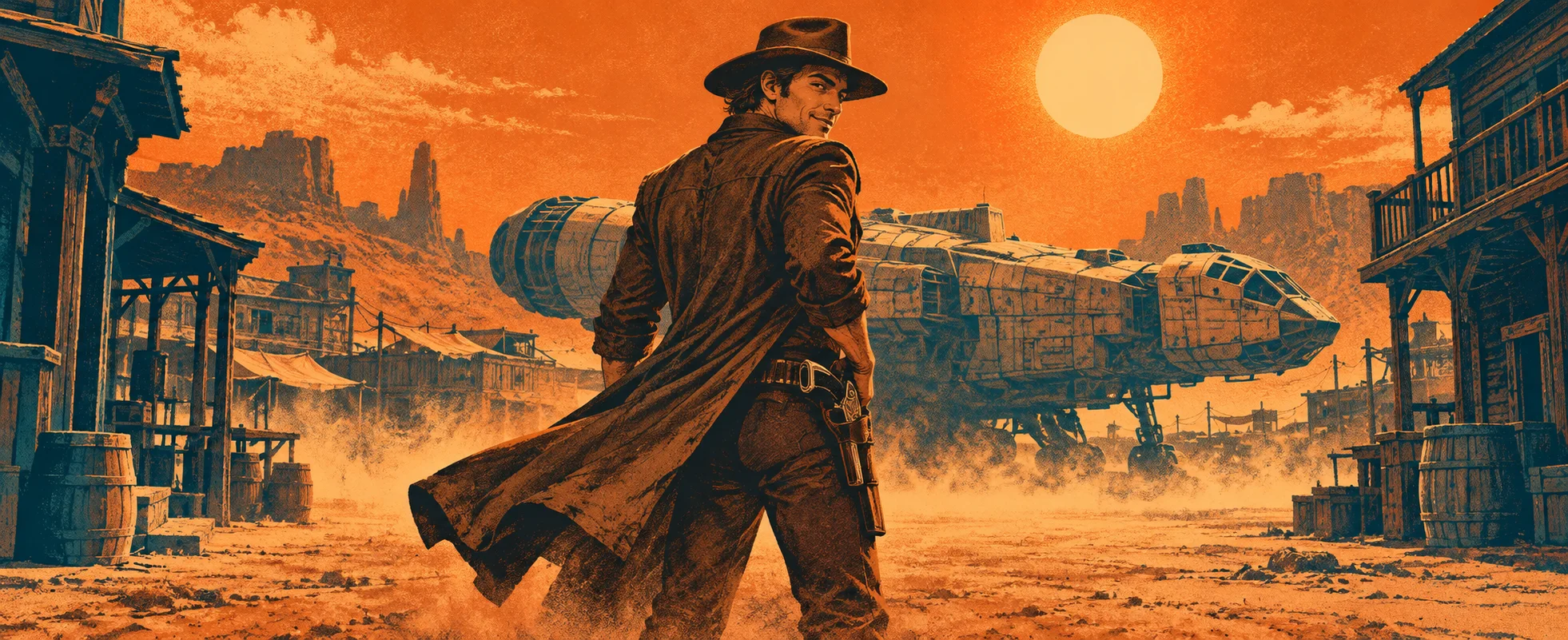 A man in a long brown coat and hat walks through a dusty frontier town under an orange sun, a battered spaceship resting behind him.