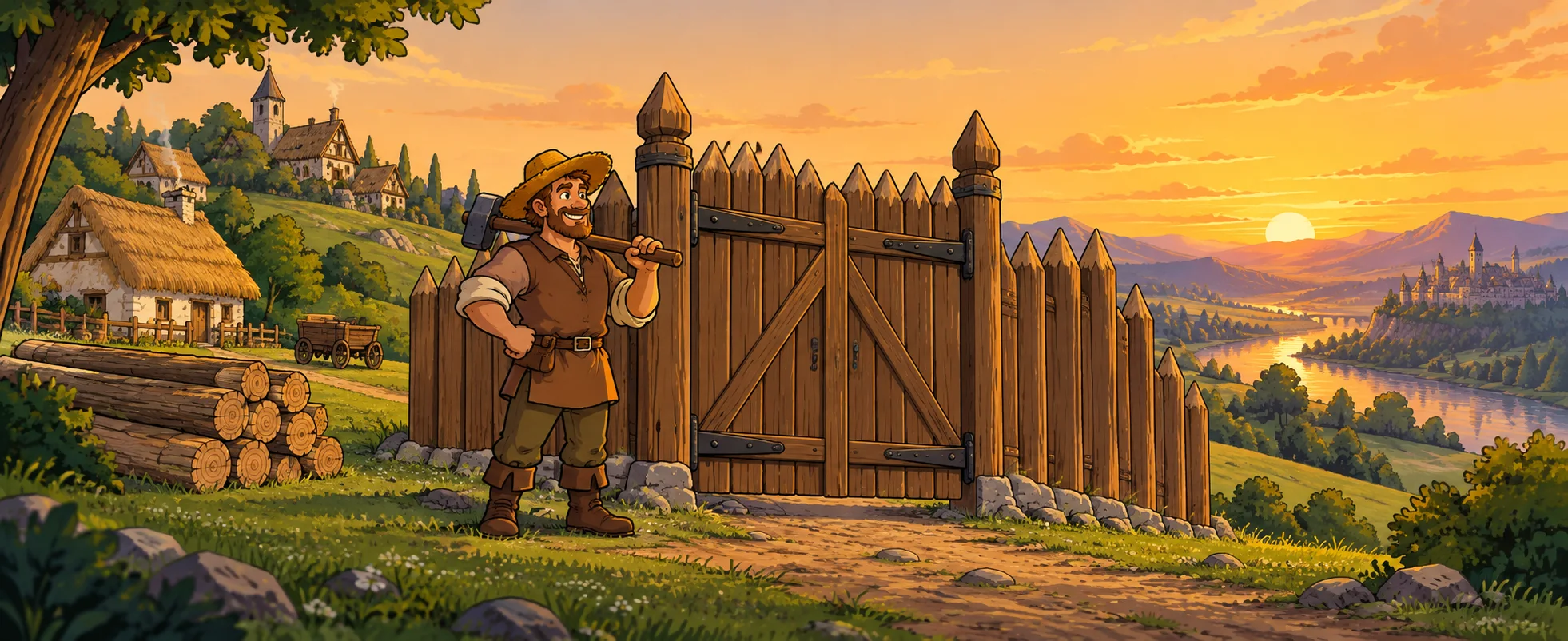 A cheerful peasant with an axe on his shoulder stands by a finished wooden palisade at sunset.