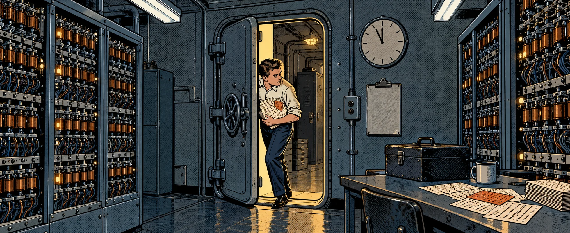 A young engineer slips through a half-open heavy steel hatch into a lit room beside racks of glowing early computing machinery.