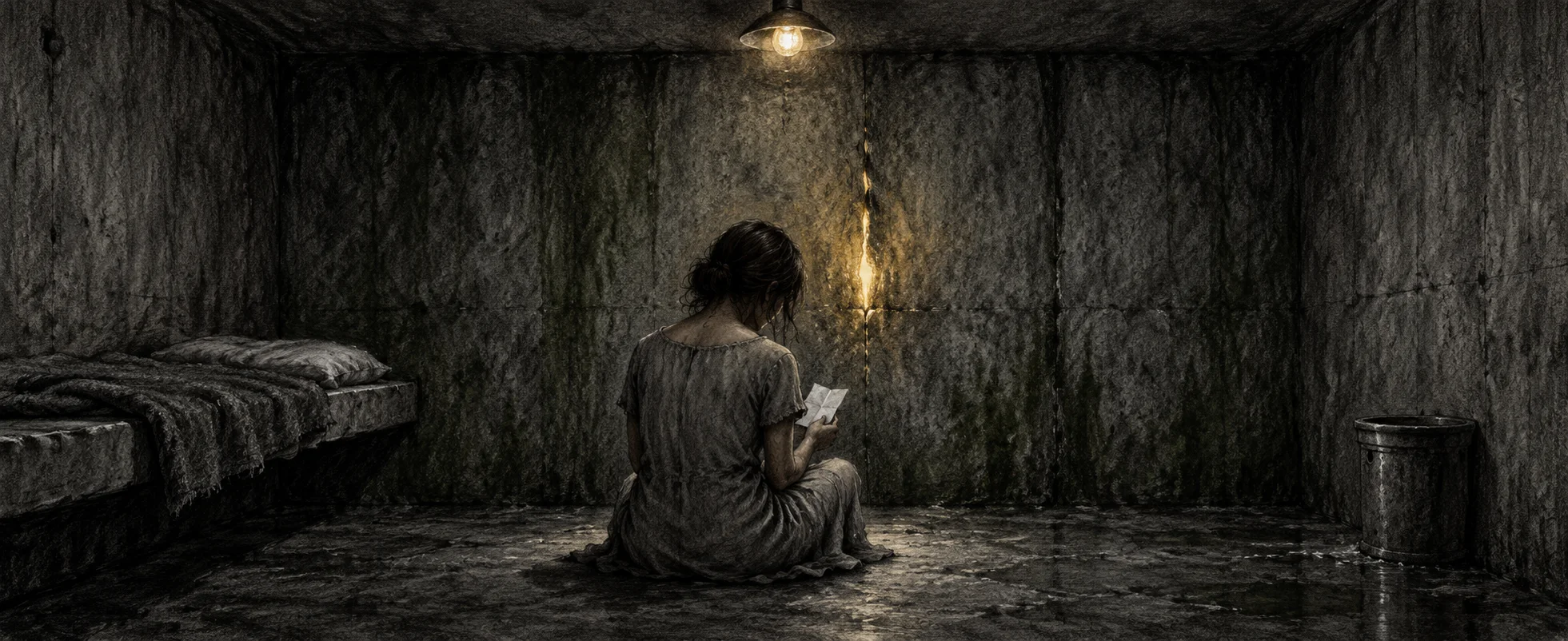 A woman in a thin smock sits on the floor of a bare concrete cell, reading a small scrap of paper by a weak lamp.