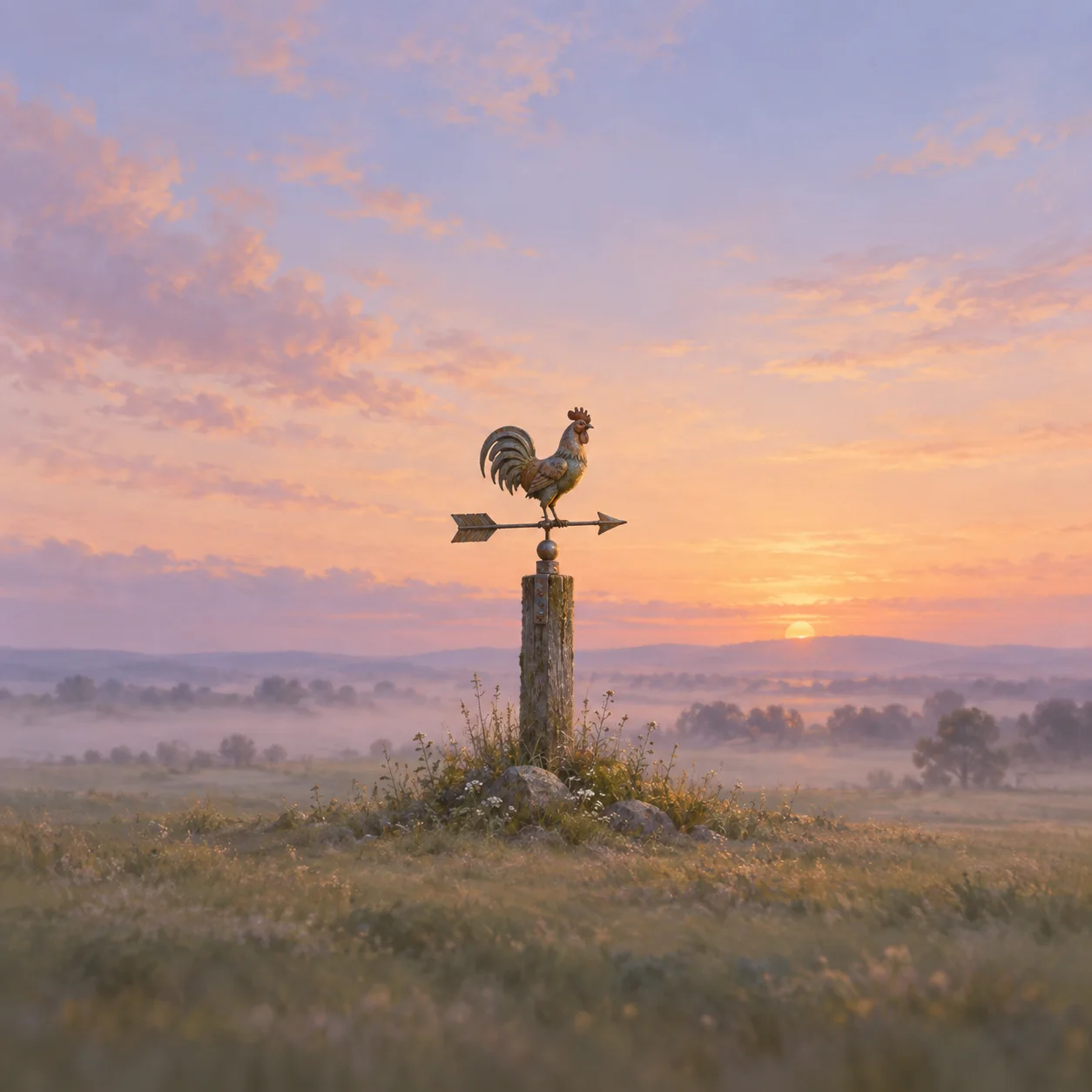 A rooster weather vane stands on a tall wooden post above a misty field at peach-and-lavender dawn.