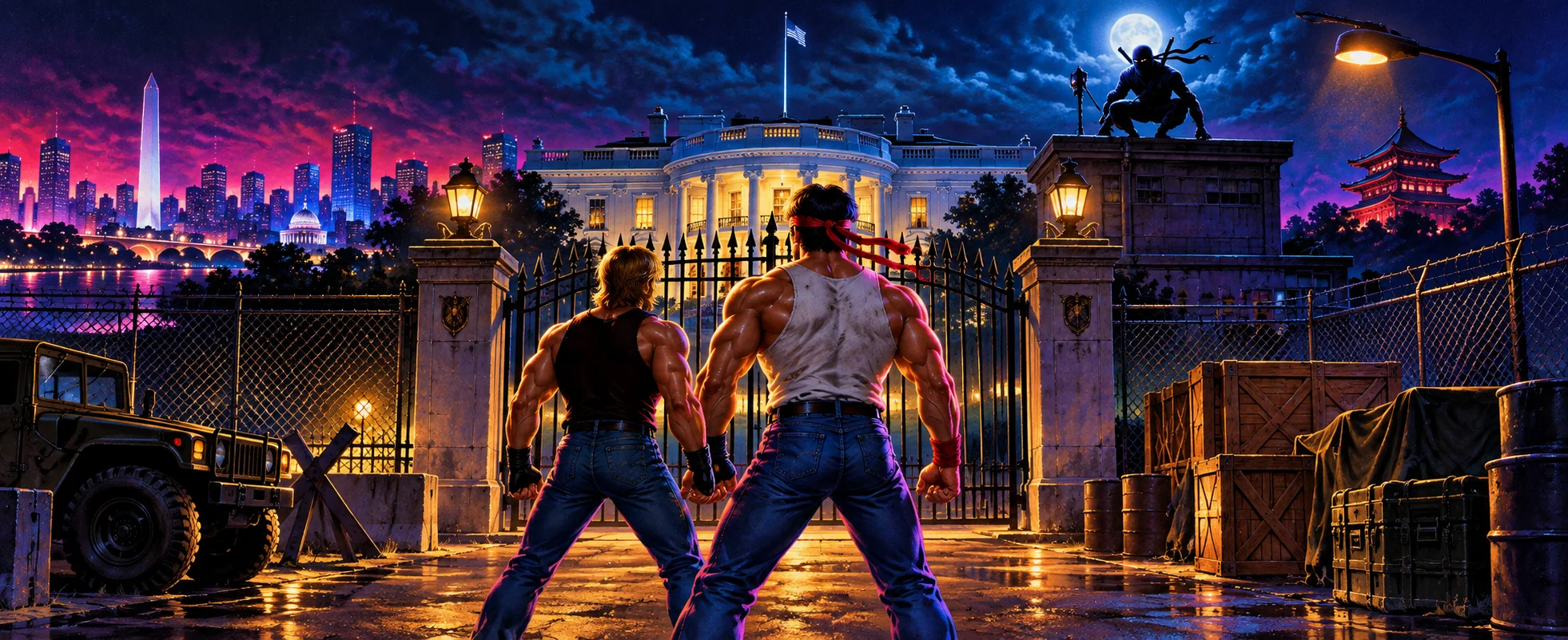Two muscle-bound brawlers in tank tops face the White House gates at night as a ninja crouches on the wall.