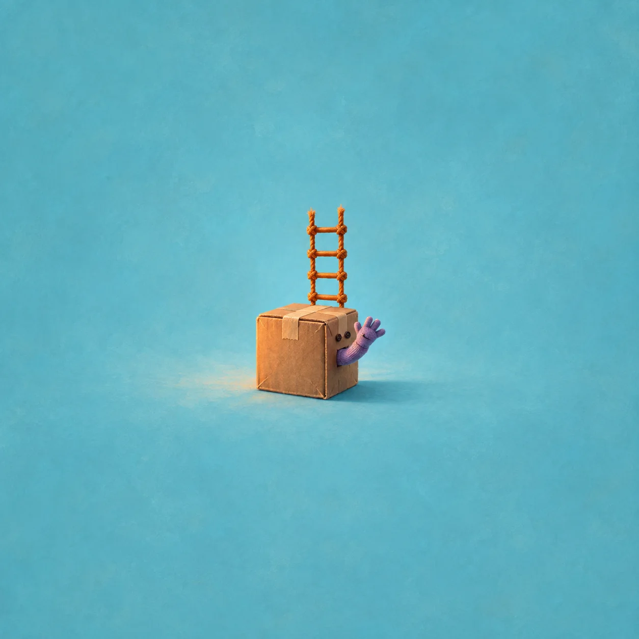 A taped cardboard box with a tiny purple hand emerging from its side and an orange ladder rising above it against a cyan background.
