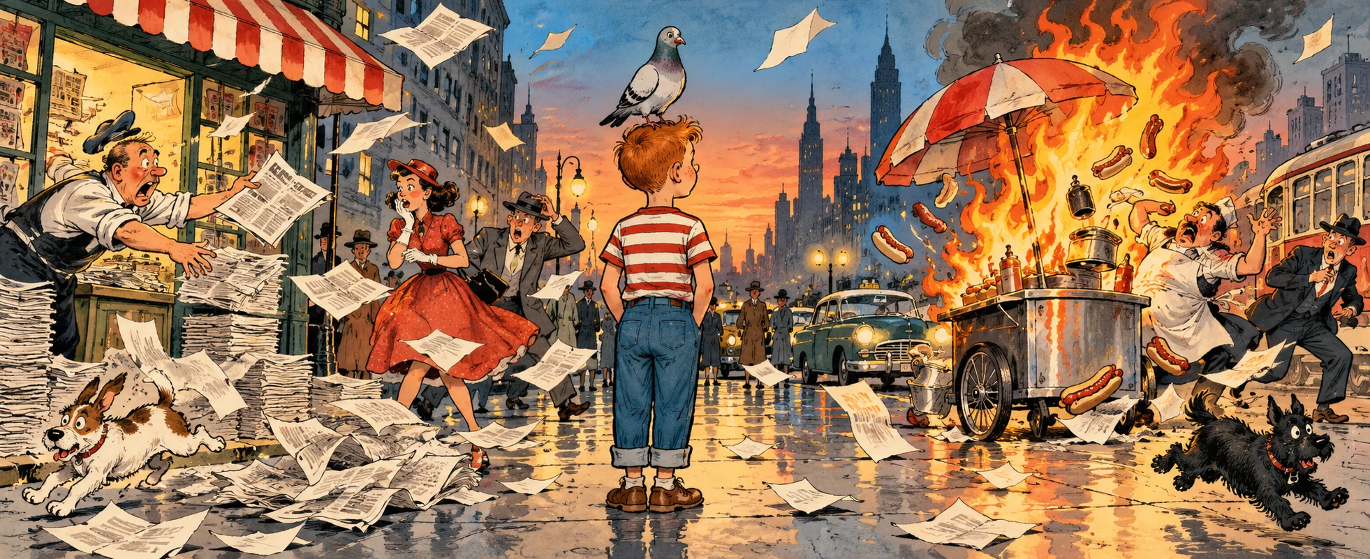 A freckled boy in a striped shirt stands unbothered on a city street while papers fly, a pigeon sits on his head and a hot-dog cart burns.