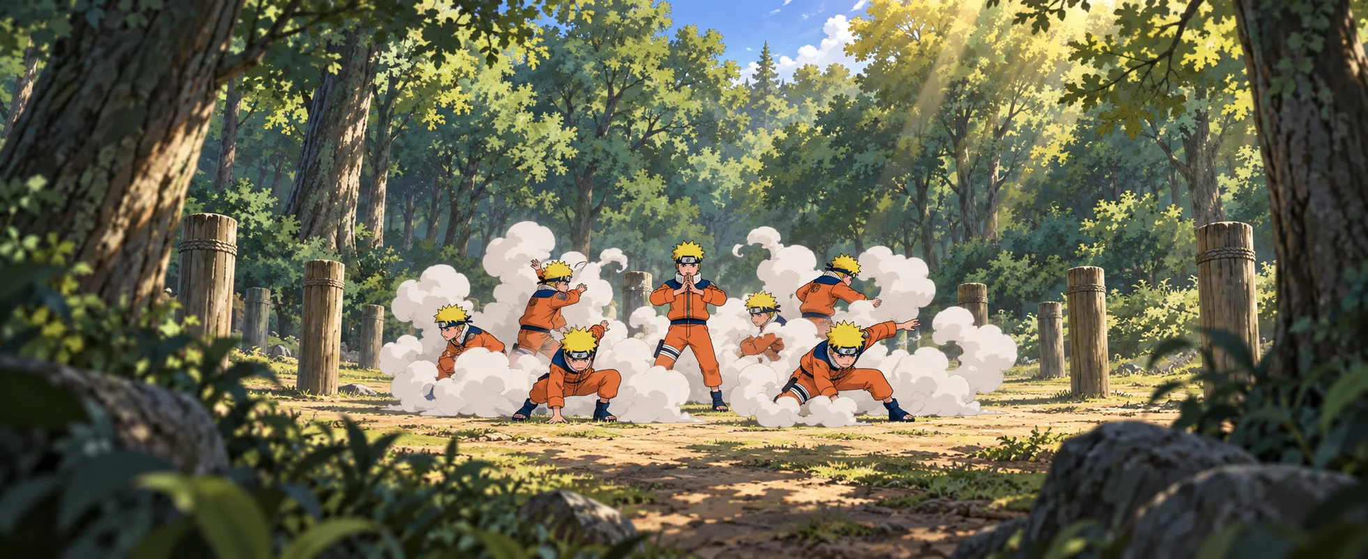 A crowd of identical young ninjas in orange bursts out of puffs of smoke in a forest clearing.