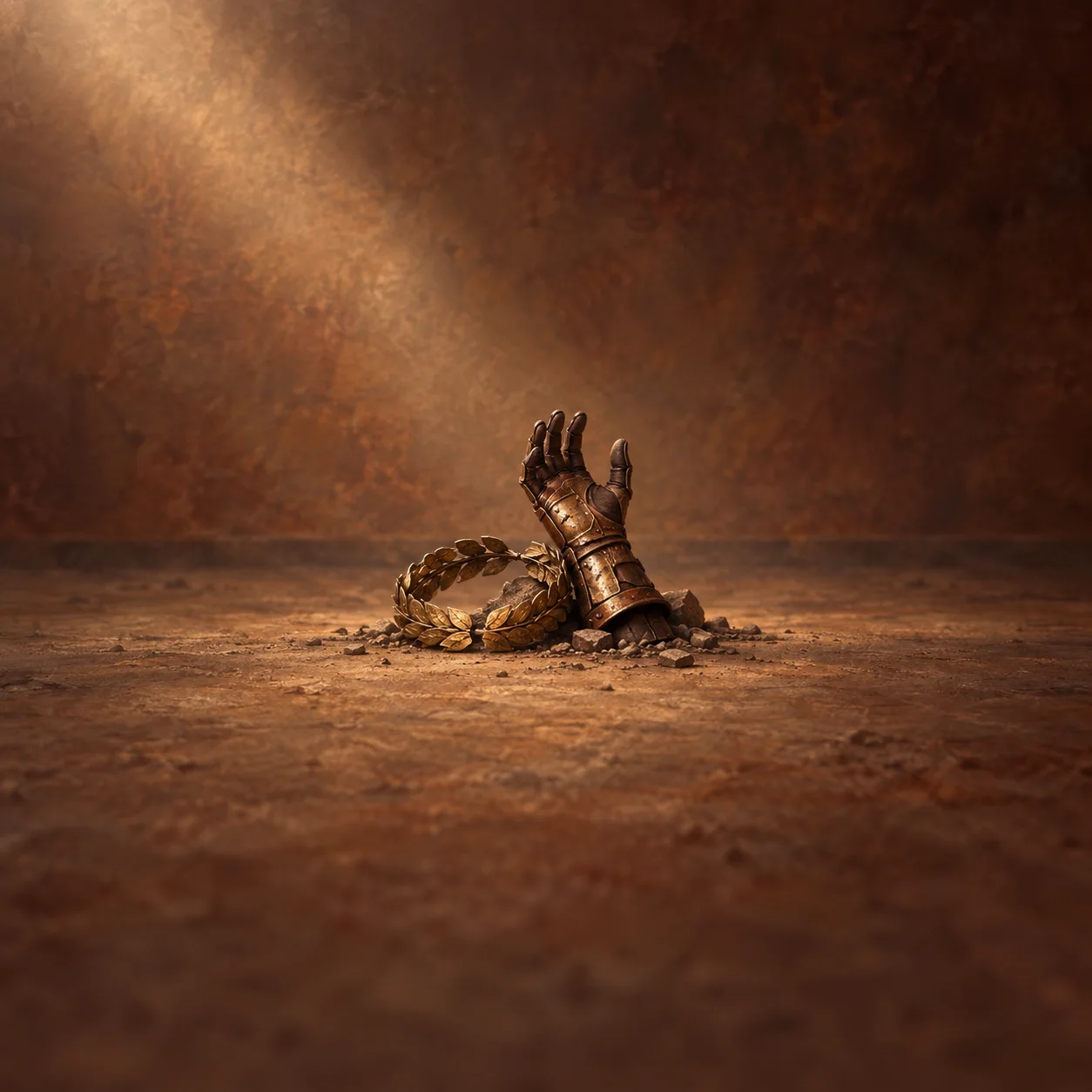 Painterly raised armored glove beside a broken bronze laurel wreath on brown stone.