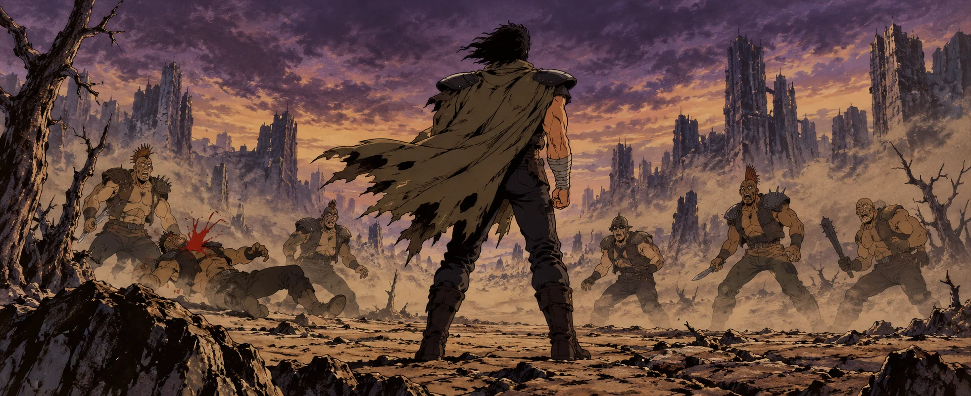1980s anime-style illustration of a lone fighter in a tattered cape standing with his back to us in a ruined wasteland as a gang of bandits staggers and falls before him.