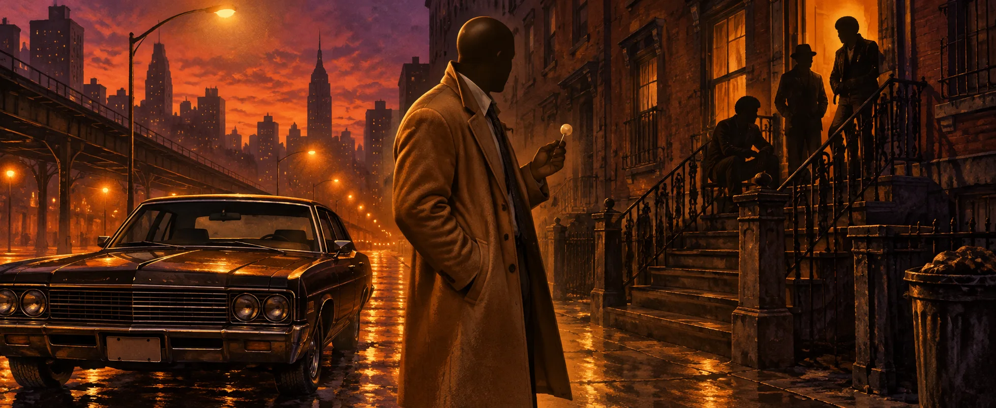 Moody illustration of a bald detective in a camel overcoat holding a lollipop on a rain-wet New York street at dusk, a 1970s car at the kerb and figures on a tenement stoop behind him.