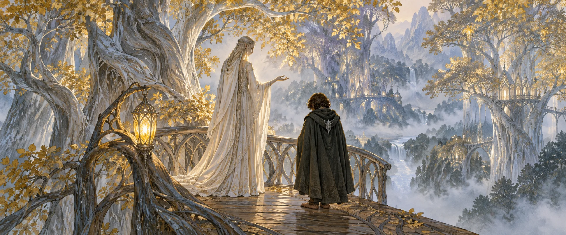 A tall elf lady in a flowing white gown reaches out to a small hooded hobbit on a lantern-lit platform among golden-leaved silver trees.