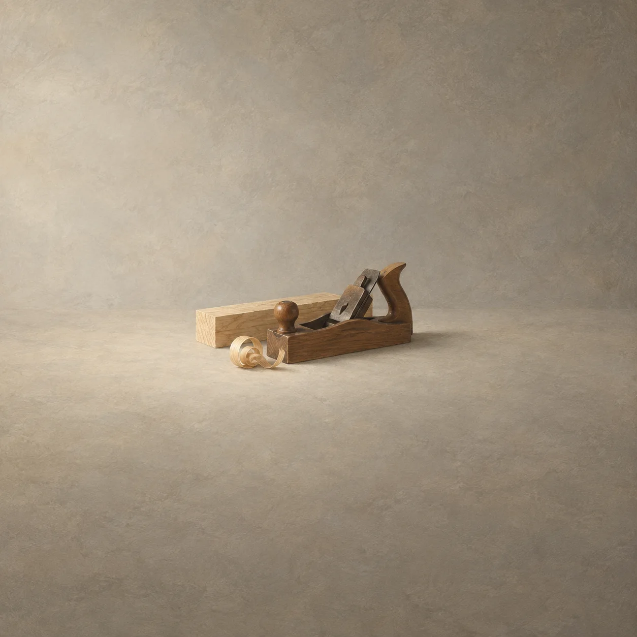 A plain wooden hand plane beside a curled wood shaving and a straight piece of timber on a light background.