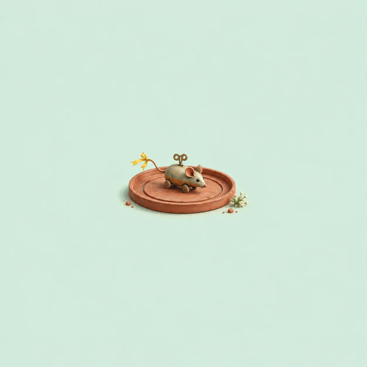 A wind-up toy mouse walks a circular groove in a red clay tray with a yellow ribbon on its tail, against a mint background.
