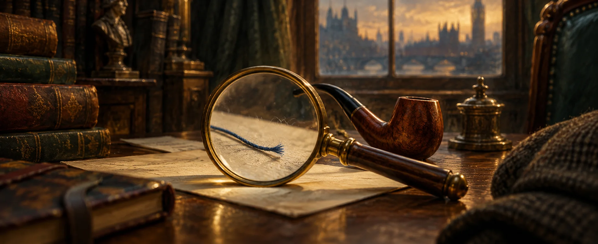 A brass magnifying glass reveals a tiny blue thread on a cream desk beside a plain pipe.