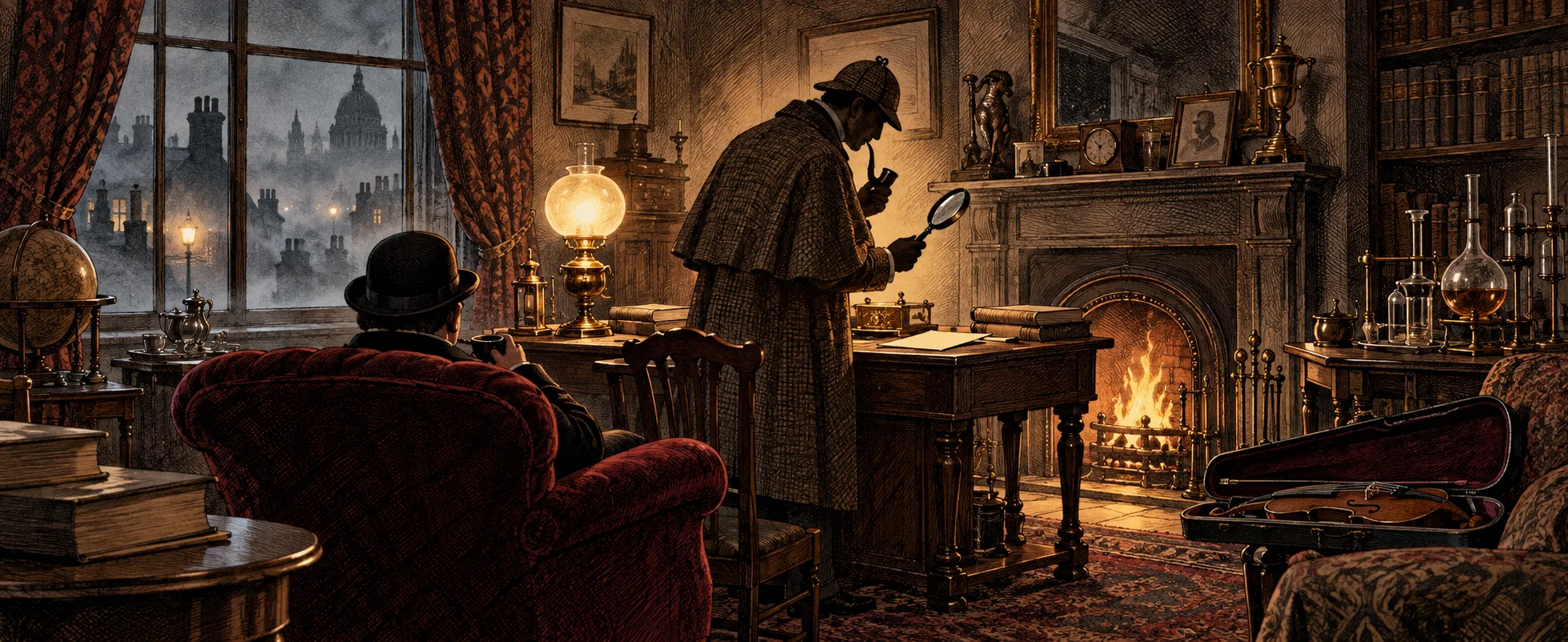 A detective in a deerstalker examines something with a magnifying glass by the fire while his companion sits in an armchair in a gaslit Baker Street study.