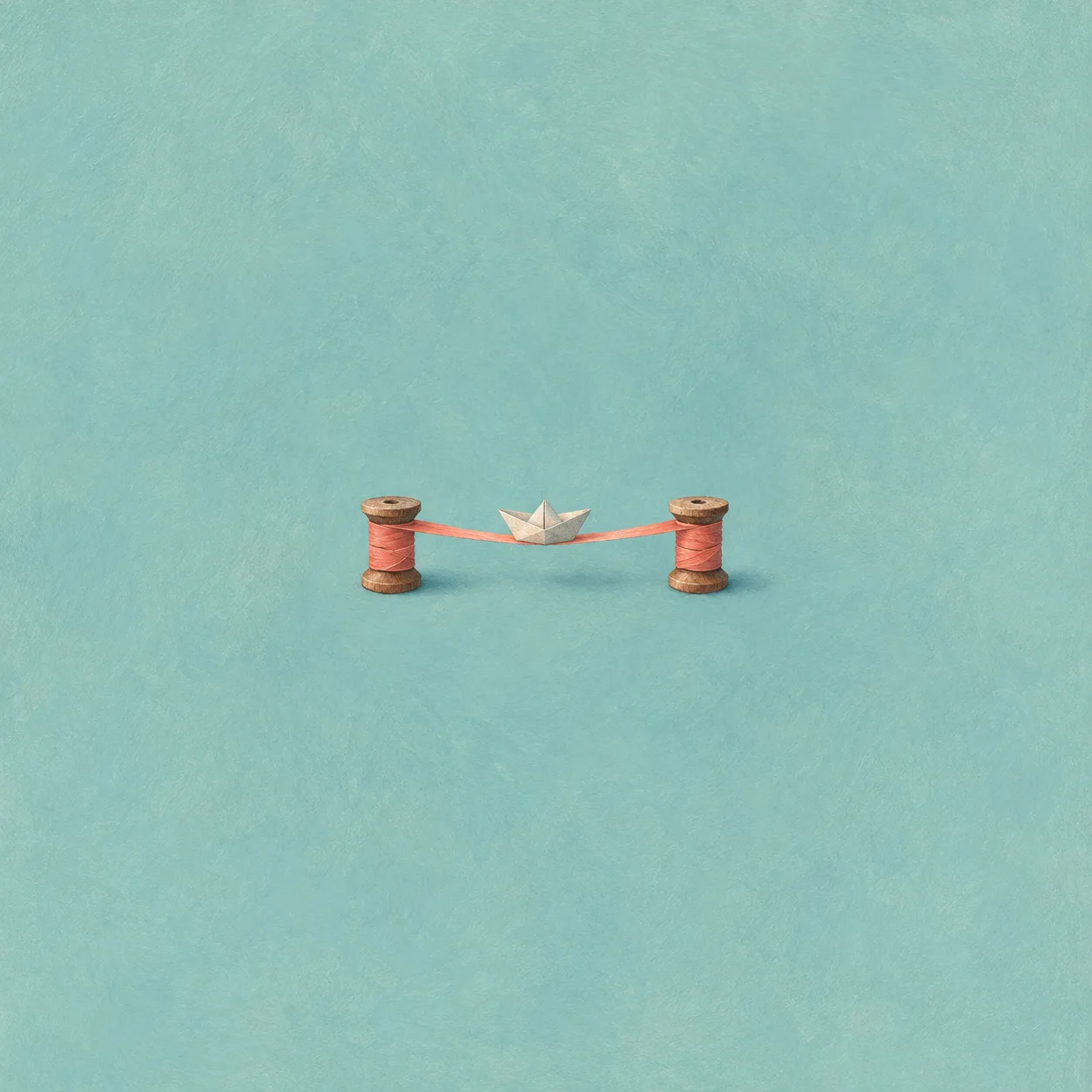 A tiny white paper boat rests on a coral ribbon suspended between two wooden spools against teal.
