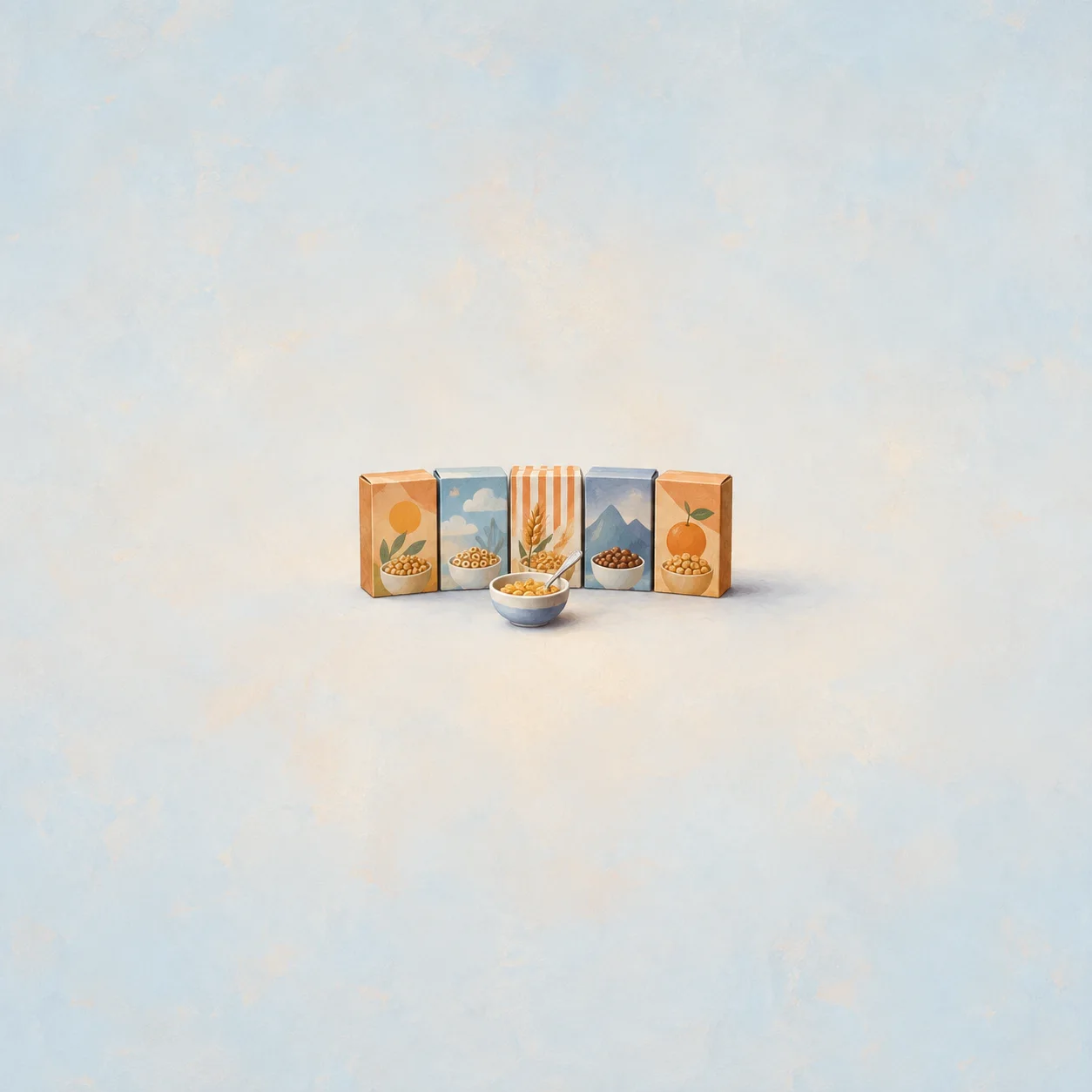 A row of small illustrated cereal boxes behind a bowl and spoon on a pale blue surface.