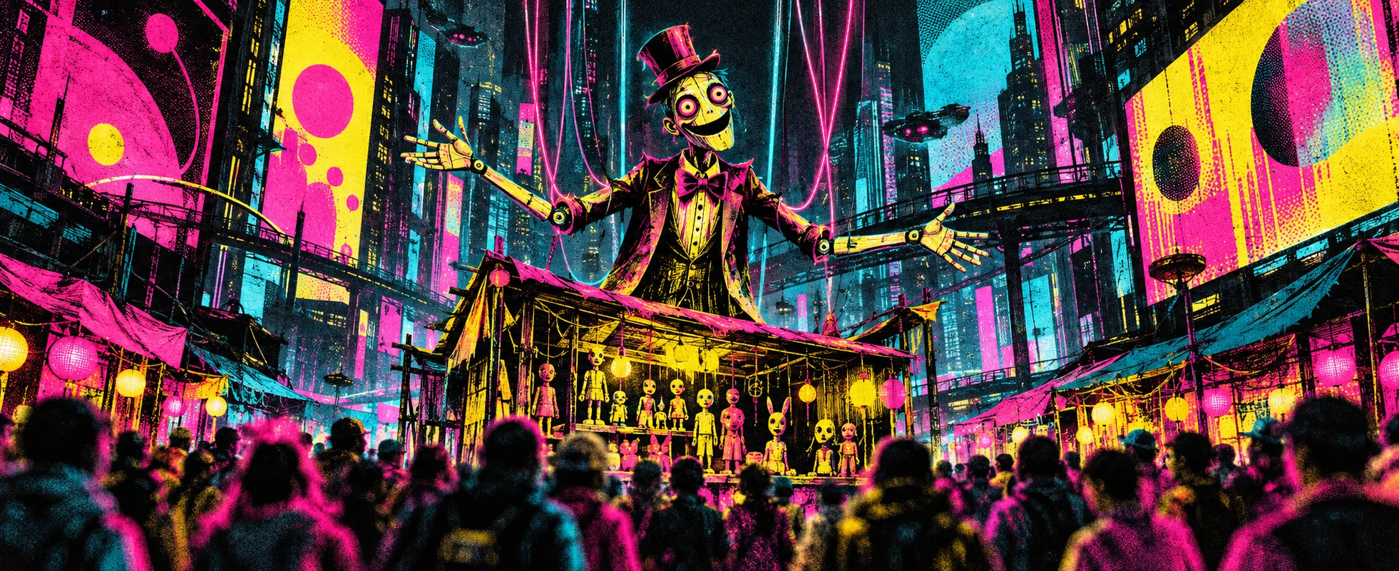 A grinning puppet salesman in a top hat spreads his arms above a crowd in a garish neon city.