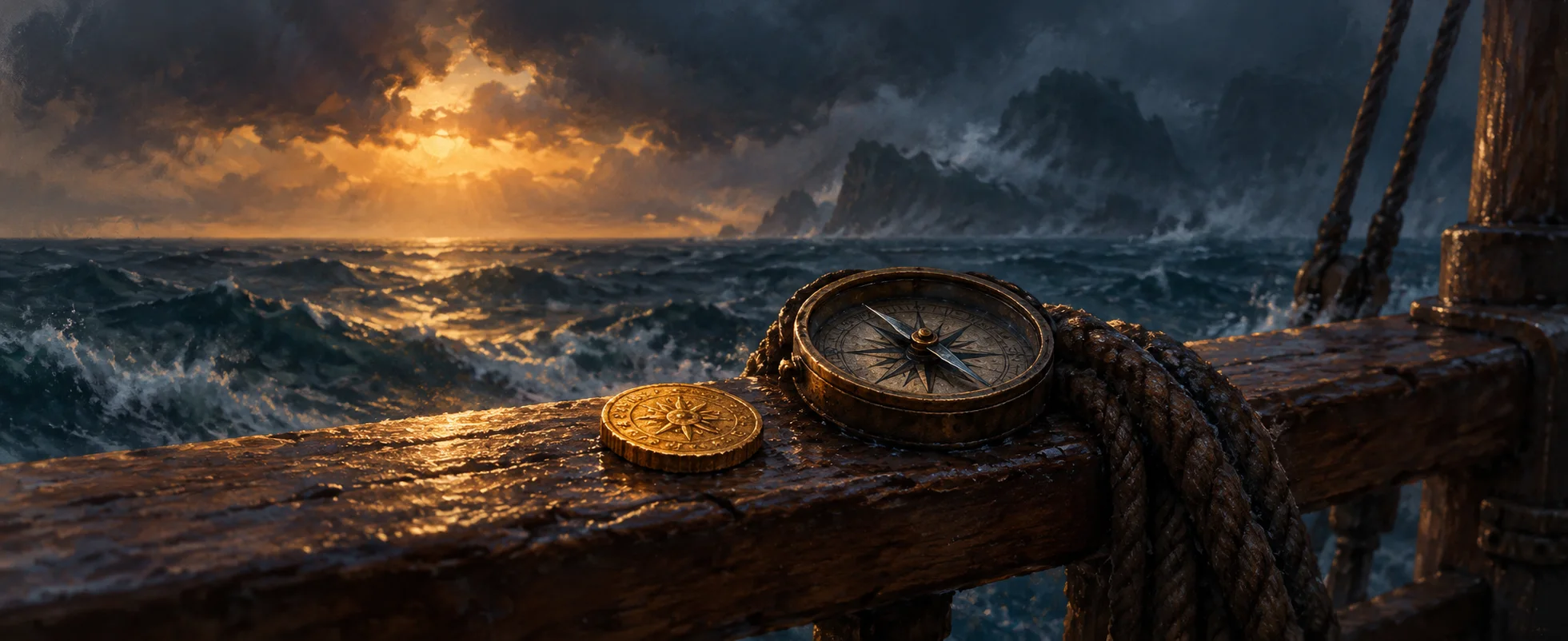 A single gold coin lies beside a weathered compass on a ship’s rail above a storm-dark sea.