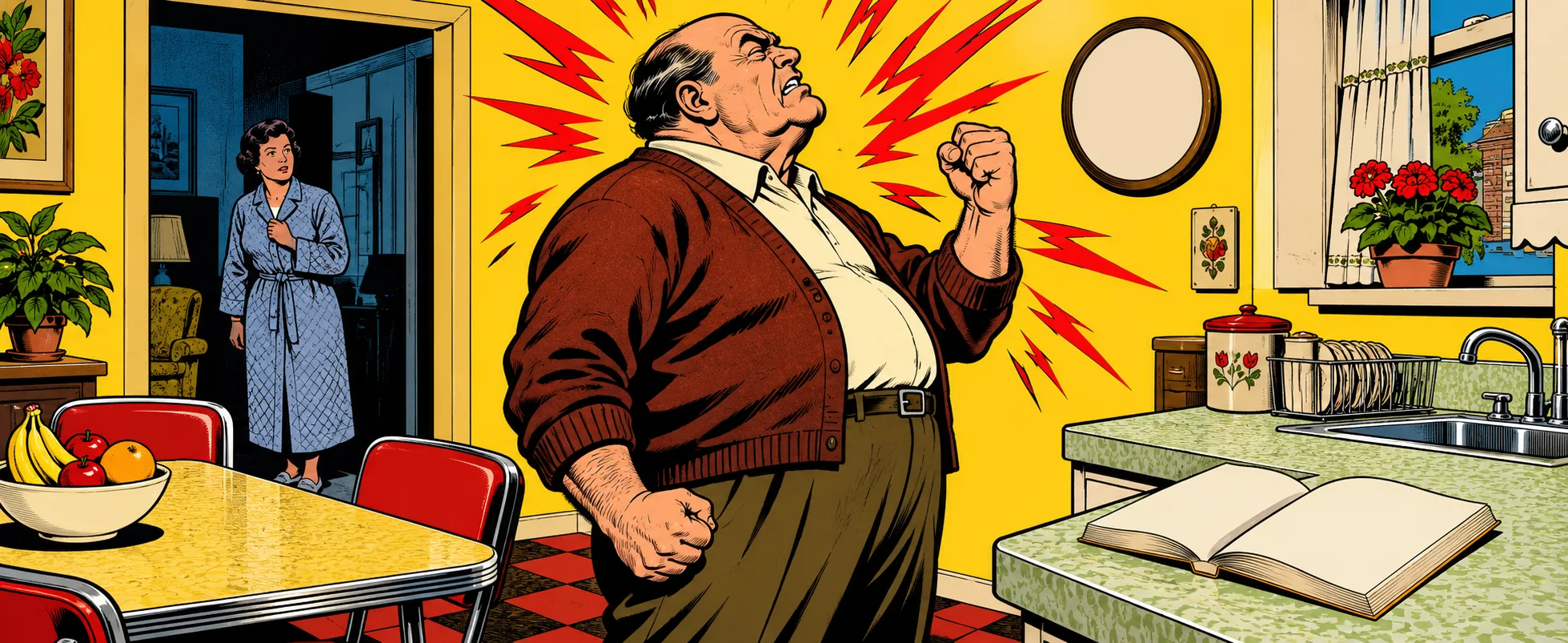 Pop-art comic illustration of a heavy-set older man in a cardigan, fists clenched and face turned up in a shout, red rage lines behind him in a bright yellow 1990s kitchen while a woman watches from the doorway.