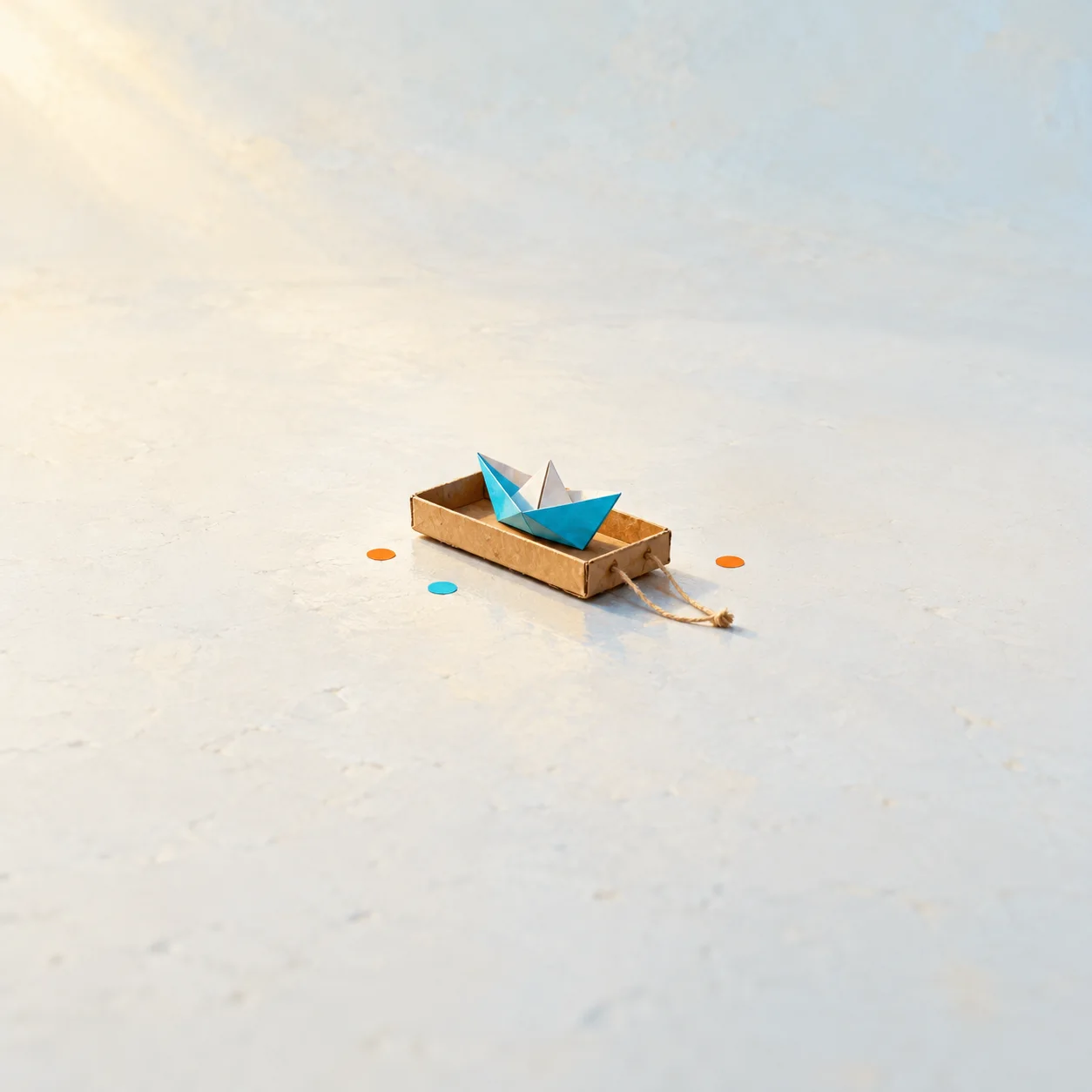 Blue and white paper boats sit in a shallow cardboard box with a trailing cord and scattered coloured dots.