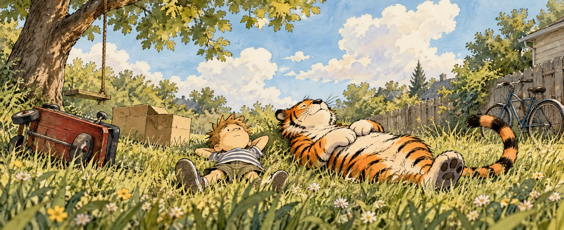 A boy and a tiger lie side by side in the long grass of a summer back yard.