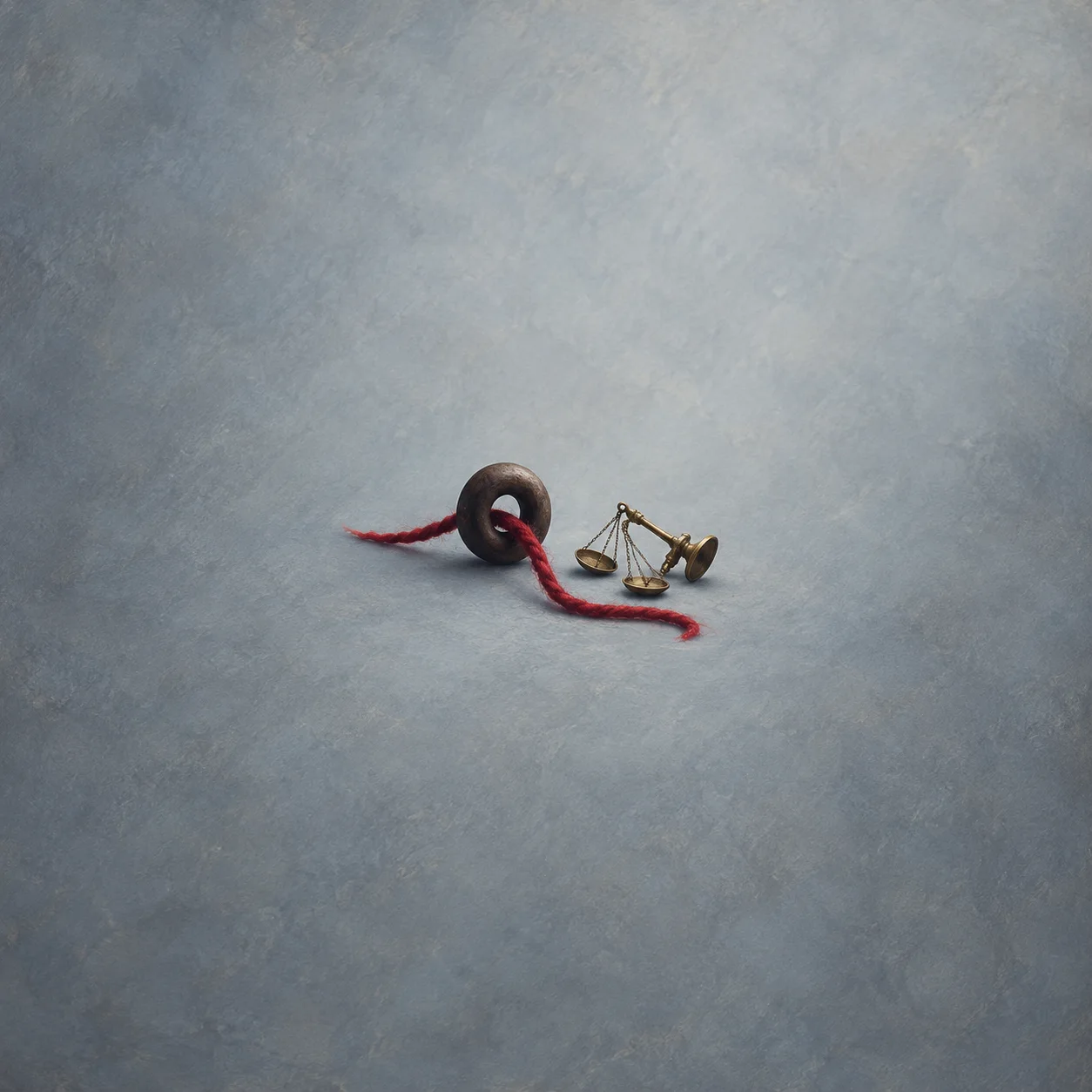 Red wool threaded through a dark wooden ring beside a tipped brass balance scale on a gray-blue surface.