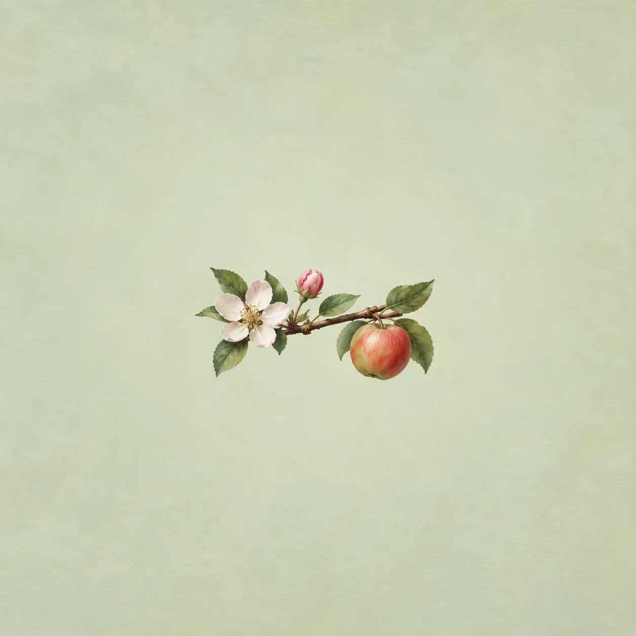 Painterly apple branch bearing a white blossom, pink bud and ripe red apple against pale green.