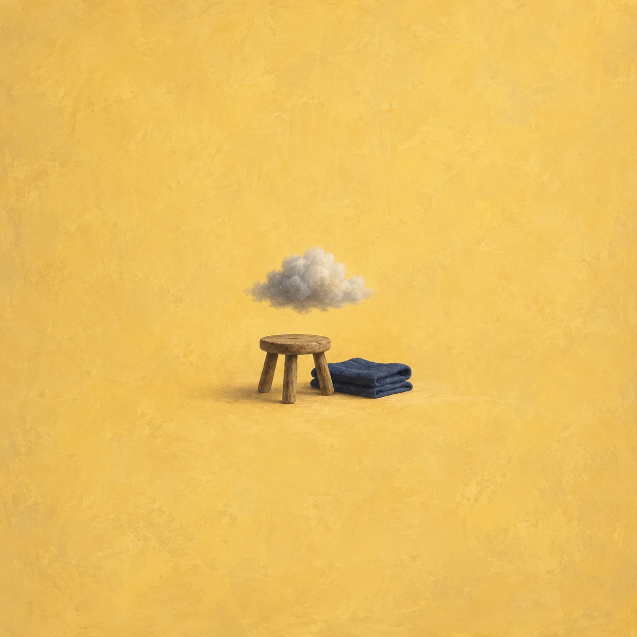 A small grey cloud floats above a wooden stool beside folded blue fabric against yellow.