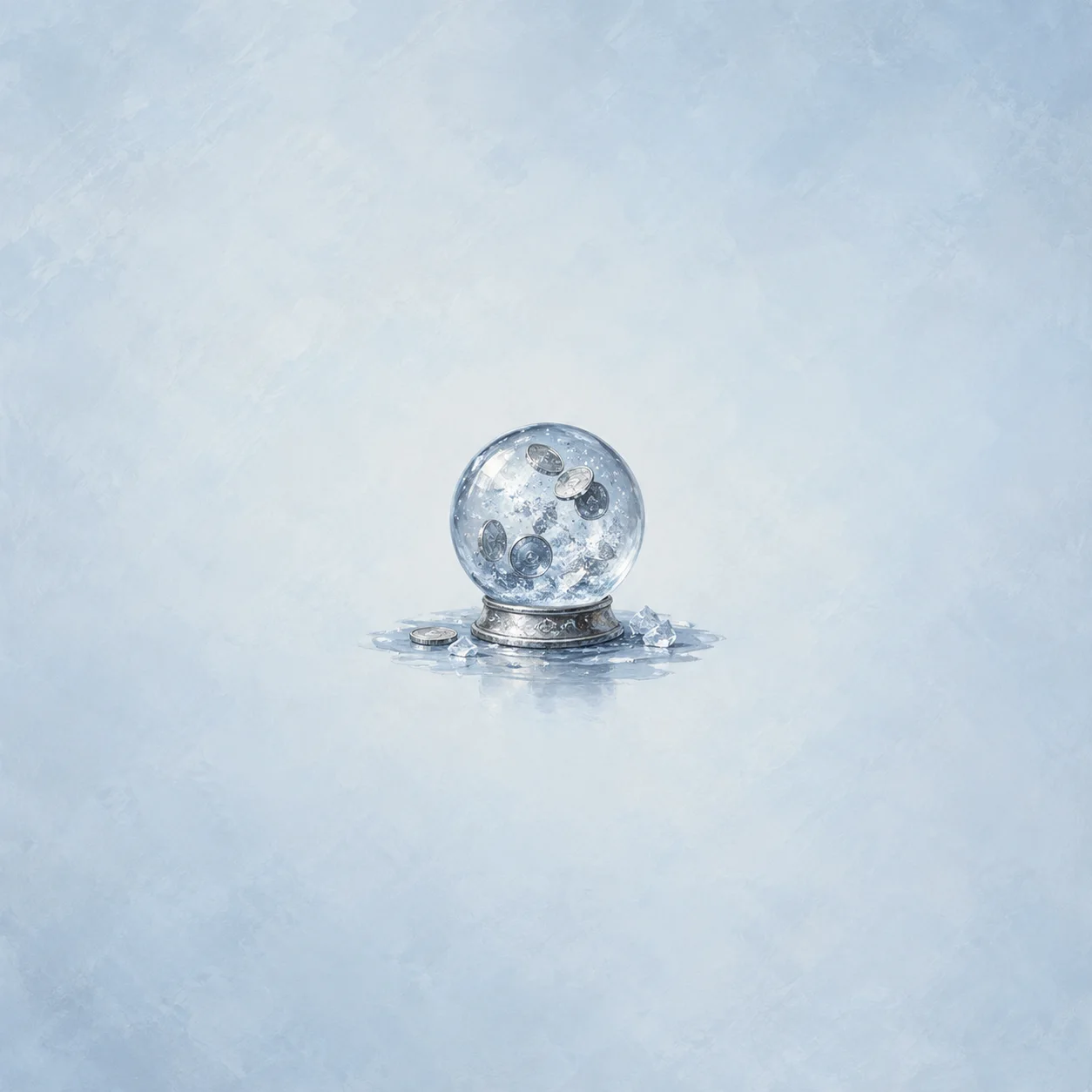 Glass snowball containing coin-shaped silver discs, set on a base amid an icy puddle and loose shards