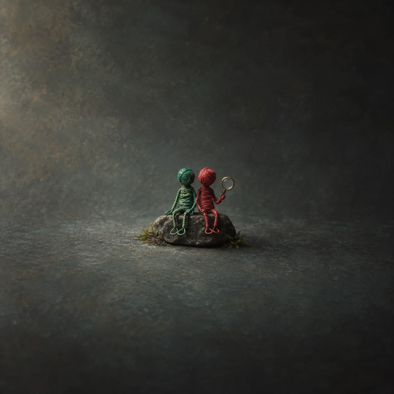A green wire doll and a red wire doll sitting shoulder to shoulder, the red one holding a small magnifying loop.