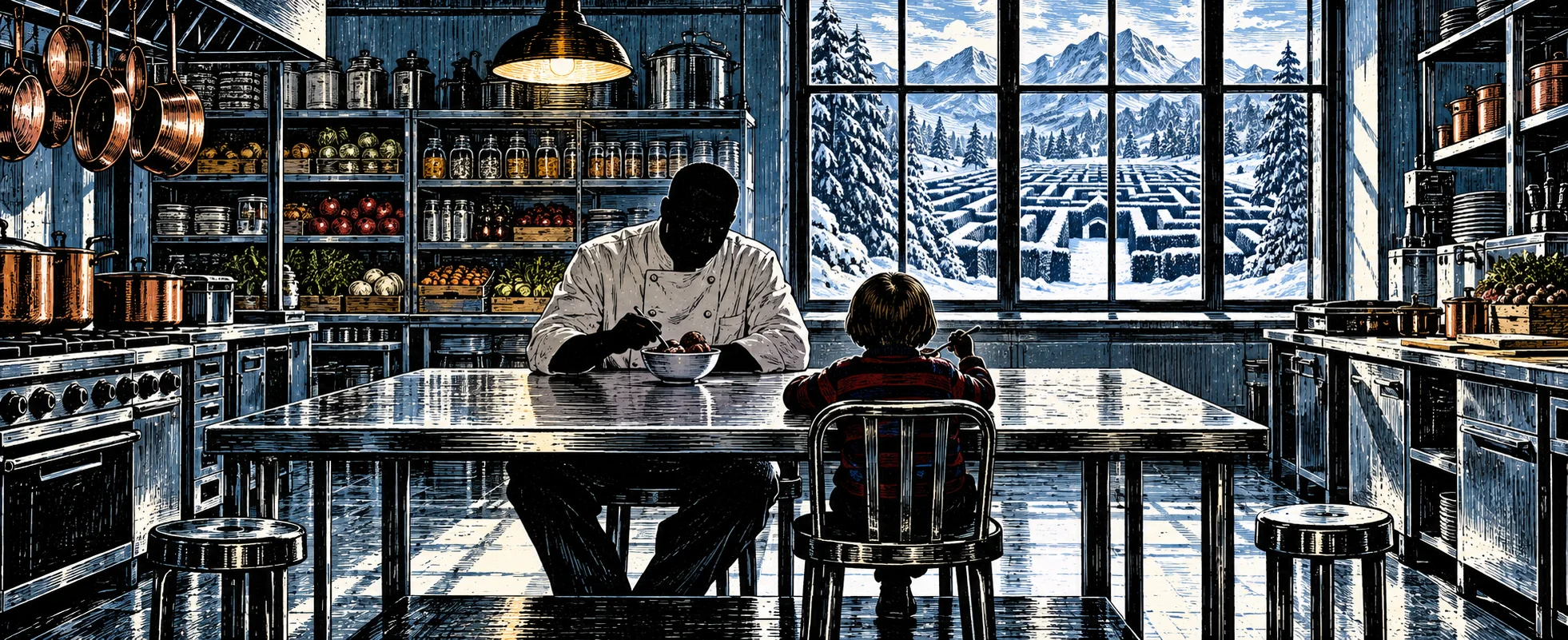 A chef in white sits across a steel table from a small boy eating a bowl of ice cream in a huge hotel kitchen, a snowy hedge maze outside.