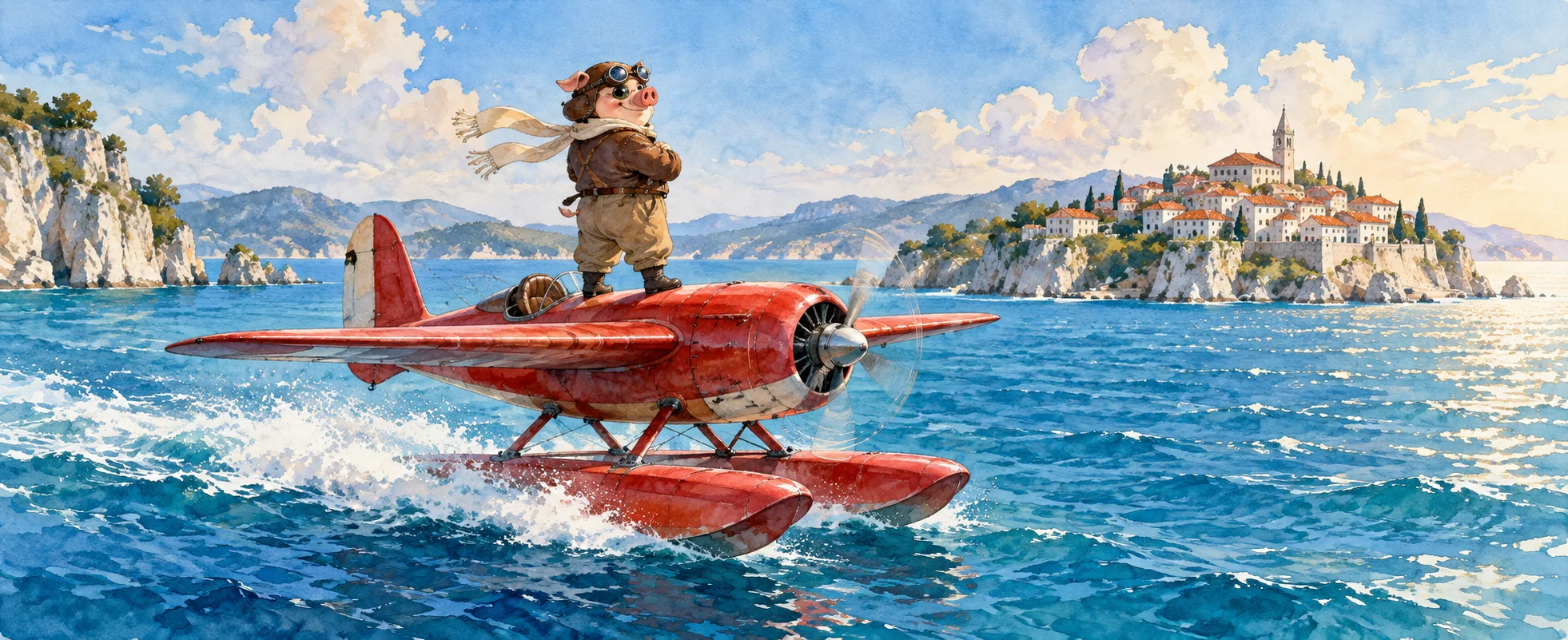 A pig-faced pilot in a leather jacket and scarf stands on the nose of a red seaplane skimming the Adriatic, a white island town behind him.