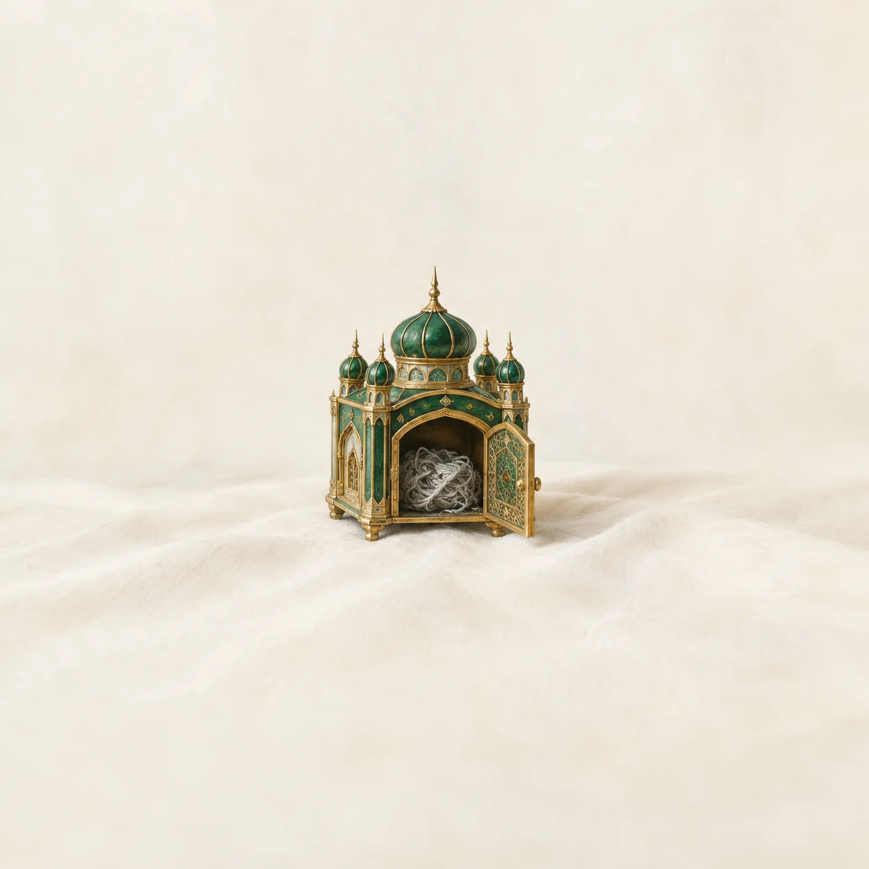An emerald-and-gold miniature palace box stands open to reveal tangled grey thread on ivory cloth.