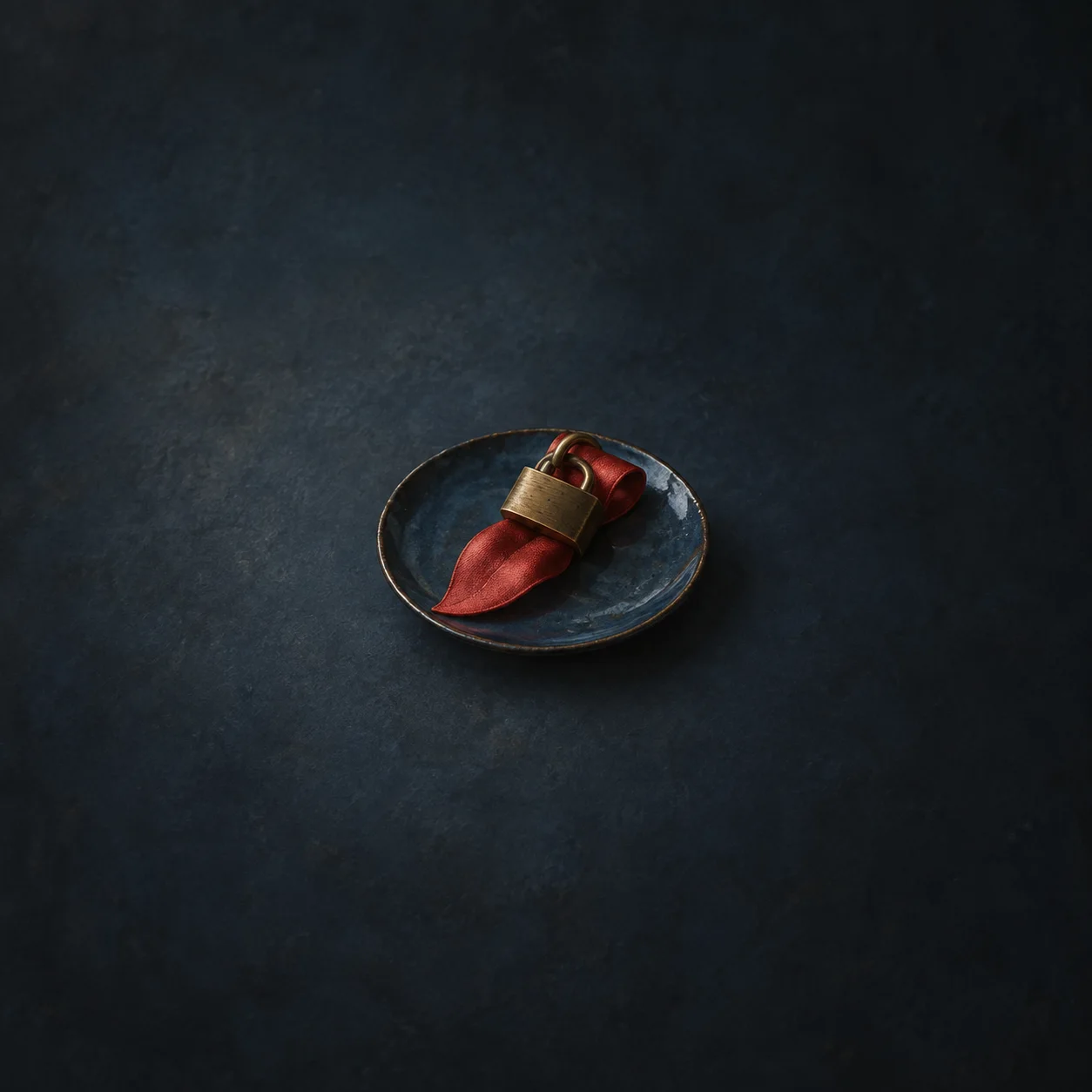A brass padlock fastens folded red fabric on a dark blue dish.