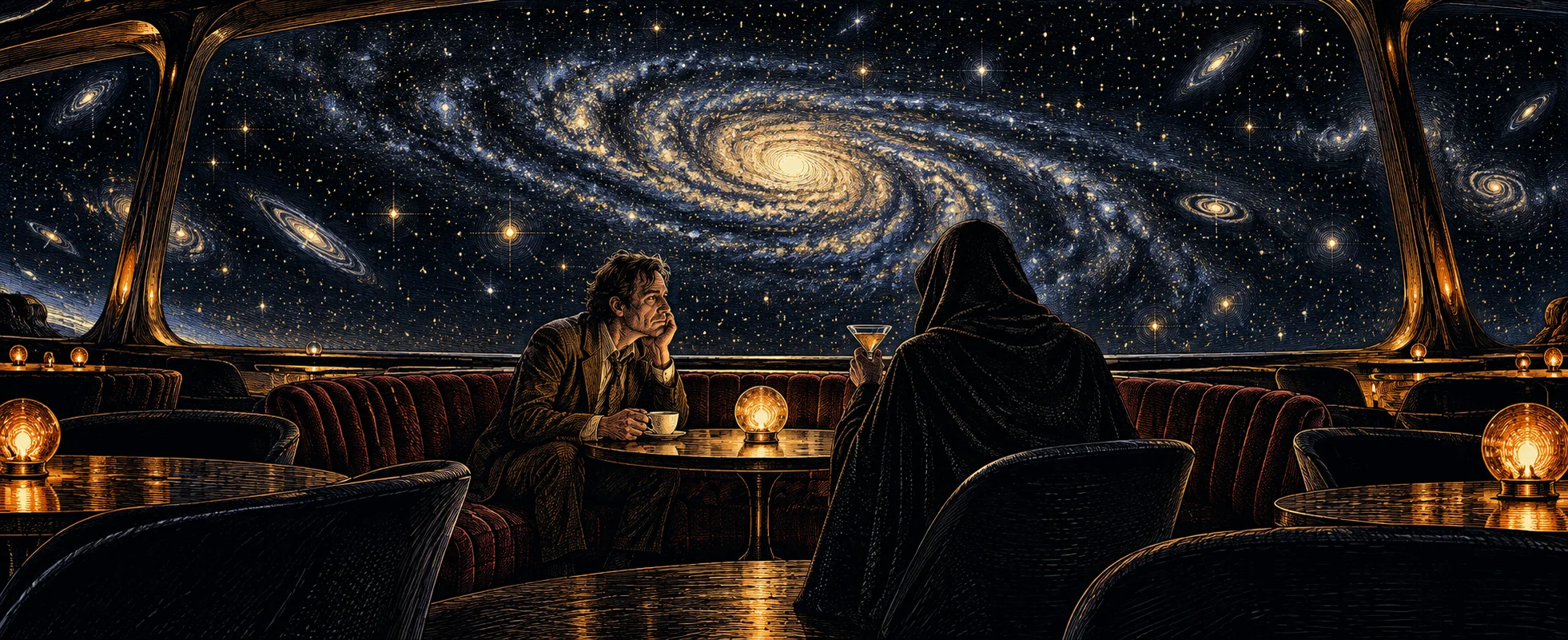 A man with a cup of tea sits in a dim lounge before a huge window filled with a slowly turning galaxy.