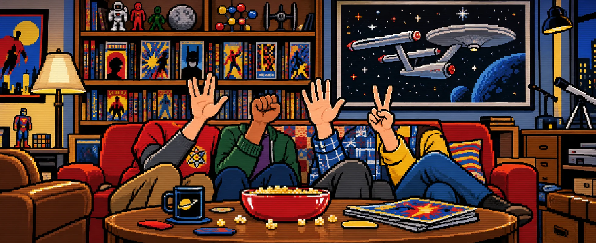 Four friends on a red sofa throw hand signs over a coffee table of popcorn, one making the split-fingered Vulcan salute, in pixel art.