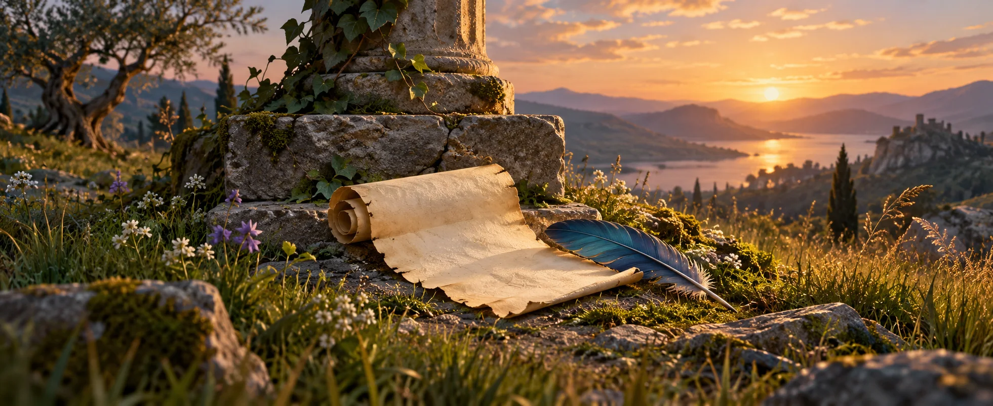 A loose ivory scroll and a blue feather lie beside a cracked stone step in a quiet grassy clearing.