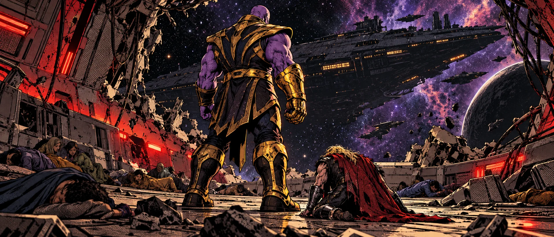 A purple giant in gold armour stands over a fallen warrior on the wrecked deck of a spaceship.