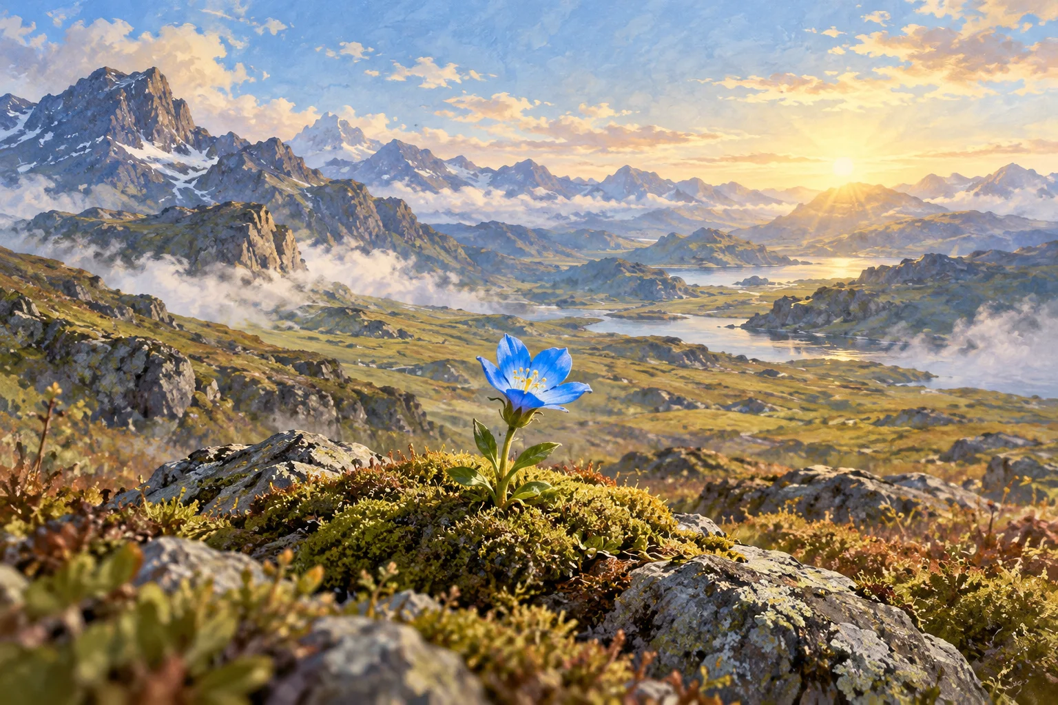 An open blue flower with golden stamens grows on a mossy stone ledge above a lake and misty mountains at dawn.