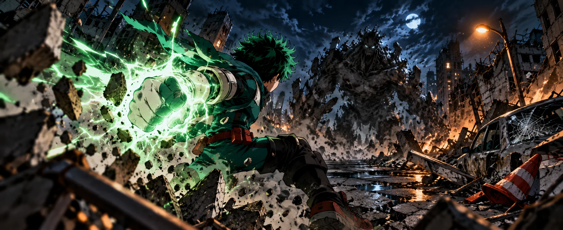 A young hero in green throws a punch crackling with green lightning through flying rubble at night.