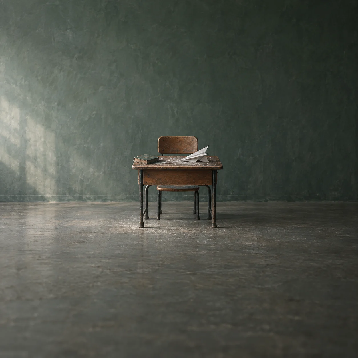 Painterly school desk and chair with a white paper airplane against a worn green wall.