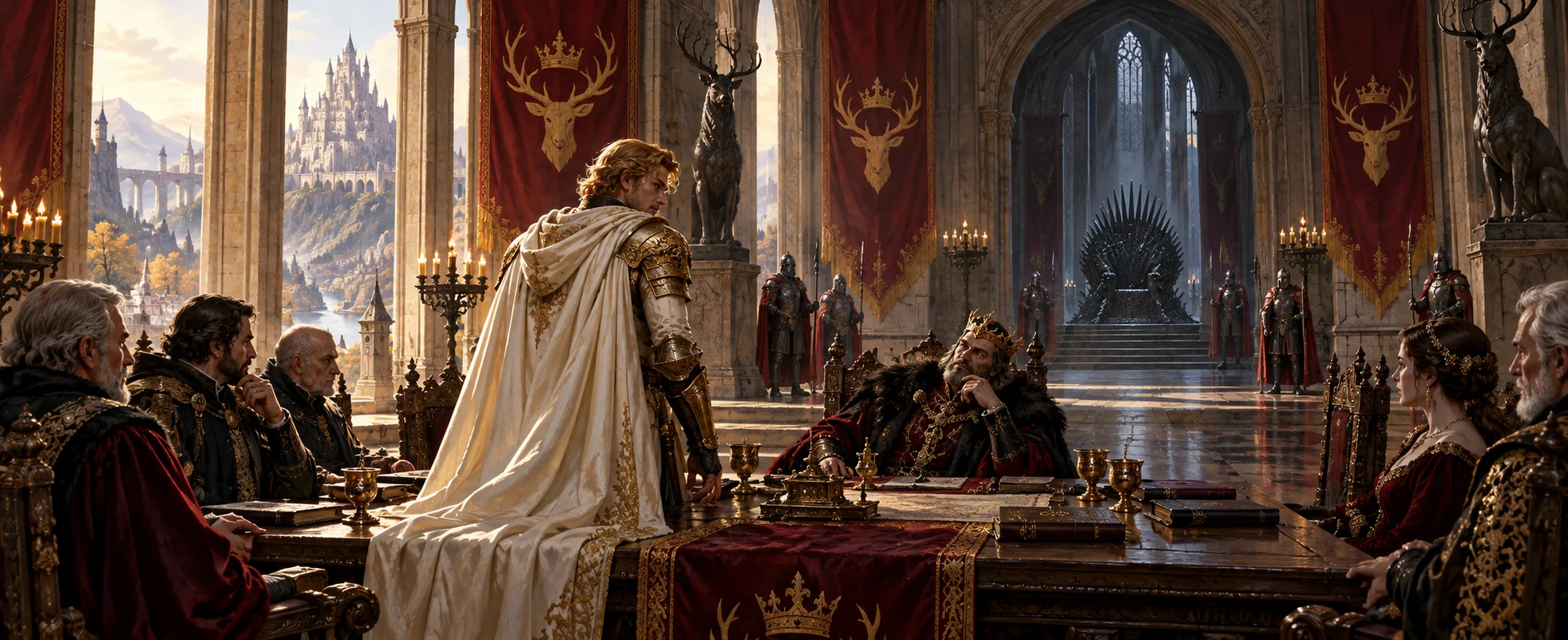 A blond knight in a white cloak stands in a great throne-room council chamber among seated lords.