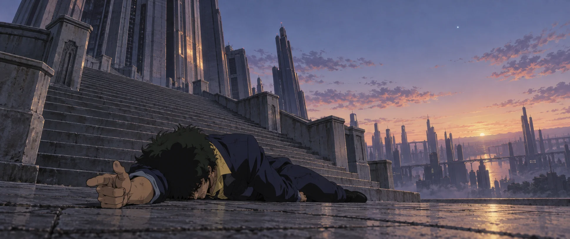 Anime illustration: a dark-haired young man in a rumpled suit lies motionless on the paving at the foot of a vast stone staircase, one hand pointing like a pistol, as the sun sets behind a distant towering city skyline.