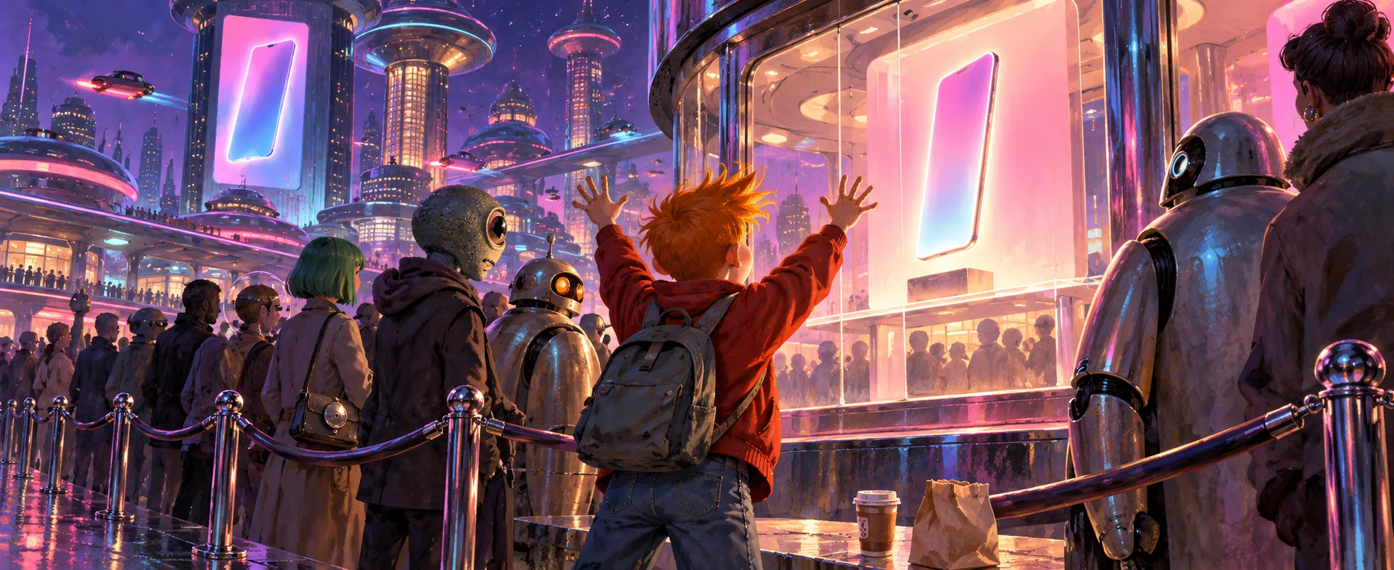 A spiky-haired young man in a red jacket throws up his hands in desire at a glowing slim phone in a futuristic shop window, a queue of aliens and robots behind him.