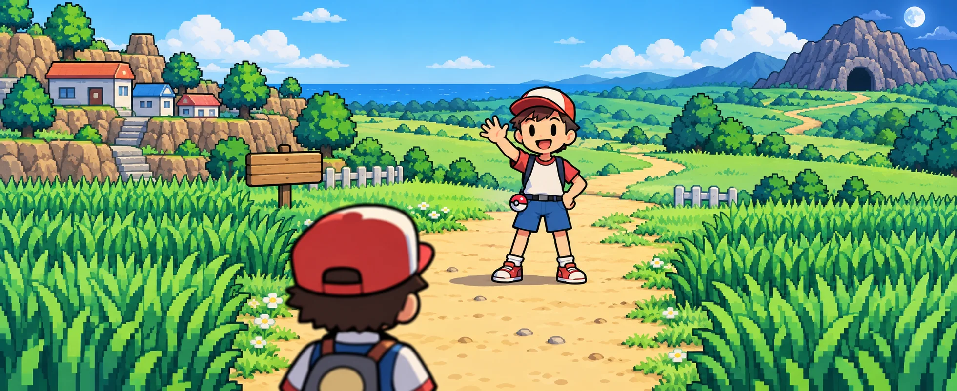 A cheerful boy in a cap and shorts waves from a sunny dirt route between tall grass as another trainer looks on.