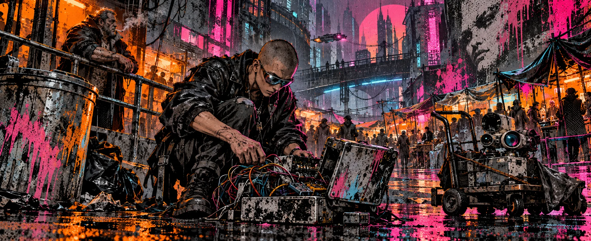 A crouching hacker in shades wires up a jury-rigged deck in a neon, graffiti-splashed street market at night.