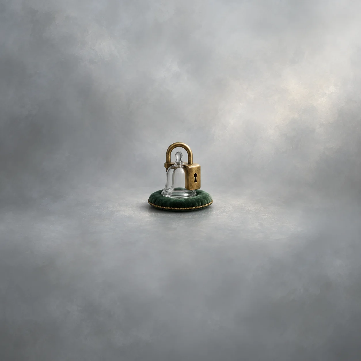 A small brass padlock closed around a tiny glass bell on a forest green felt cushion.